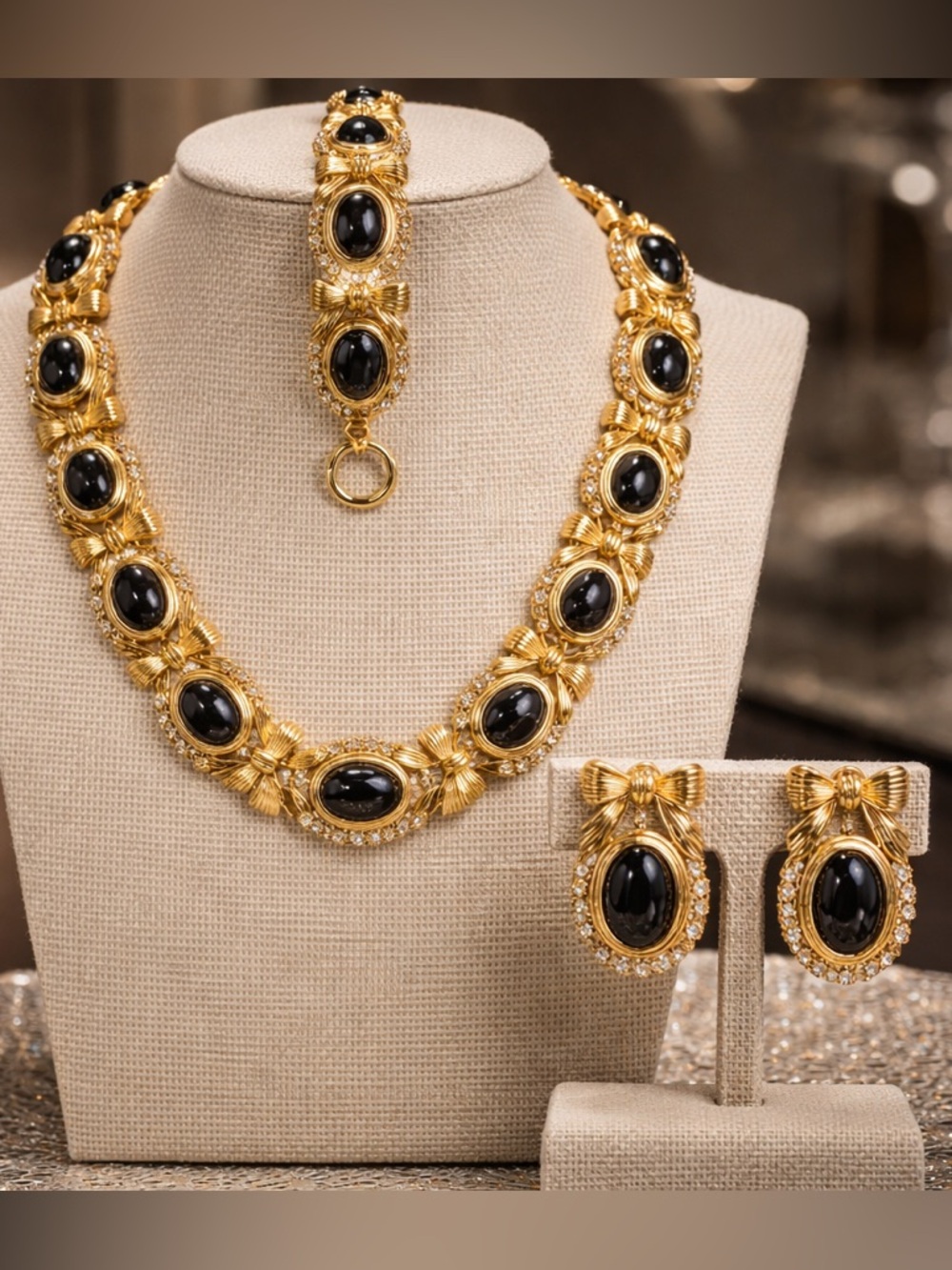 Gold-Tone Necklace, Bracelet & Earrings Set with Black Cabochons
